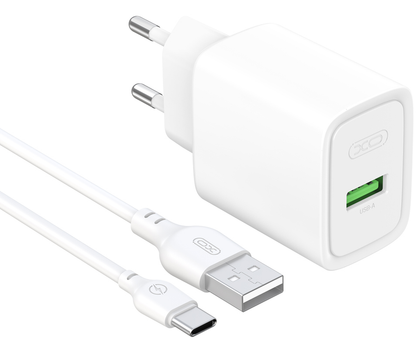 XO Design CE50 Wall Charger with USB-C Cable, 18W, 3A, 1 x USB-A, White