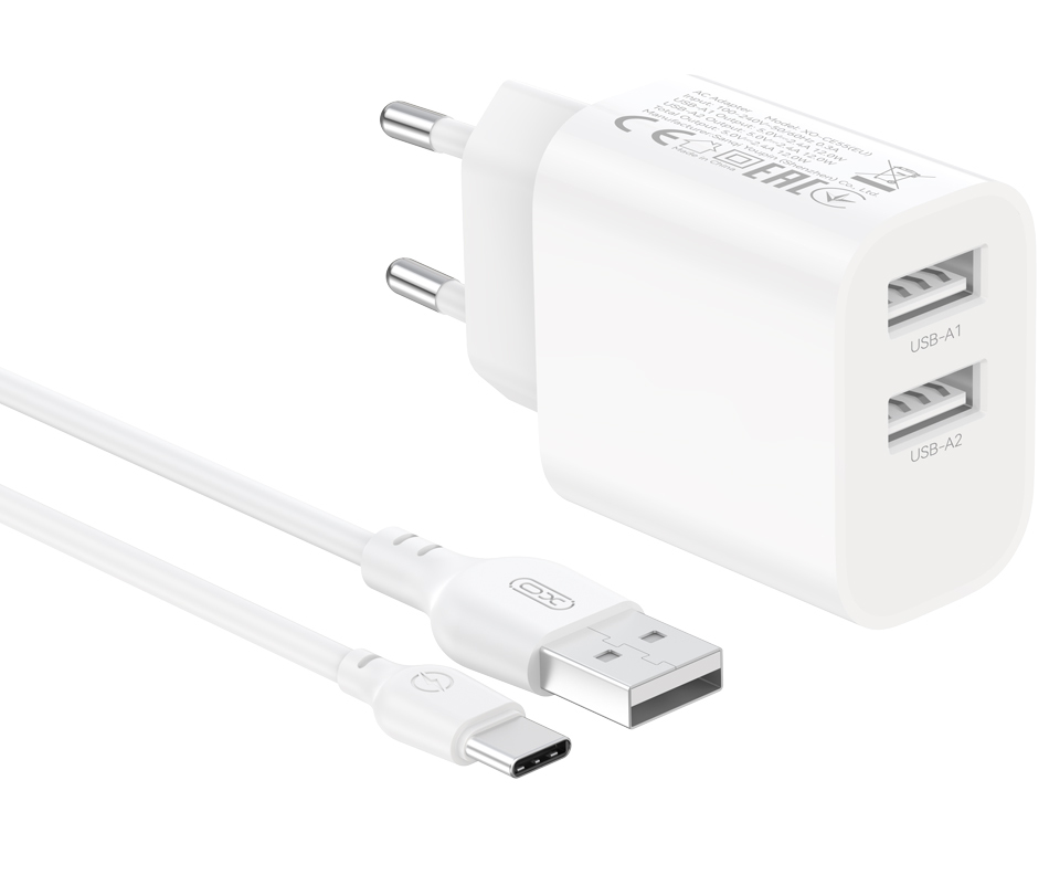 Φορτιστής πρίζας με καλώδιο USB-C XO Design CE55, 12W, 2.4A, 2 x USB-A, Λευκός