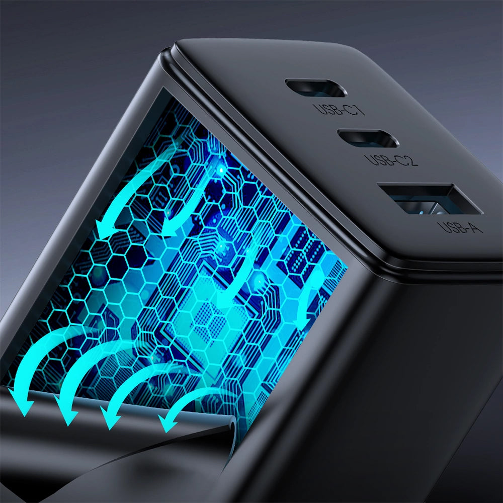 Φορτιστής Δικτύου με Καλώδιο USB-C Joyroom TCG01, 65W, 3.25A, 1 x USB-A - 2 x USB-C, Μαύρο