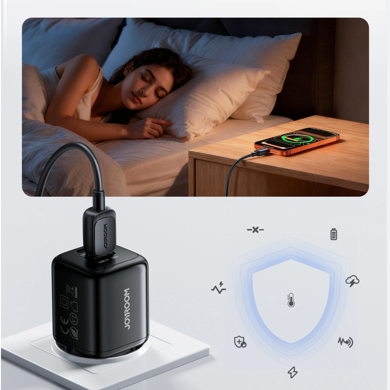 Φορτιστής Δικτύου με Καλώδιο USB-C Joyroom JR-TG7, 33W, 3A, 1 x USB-A - 1 x USB-C, Μαύρο