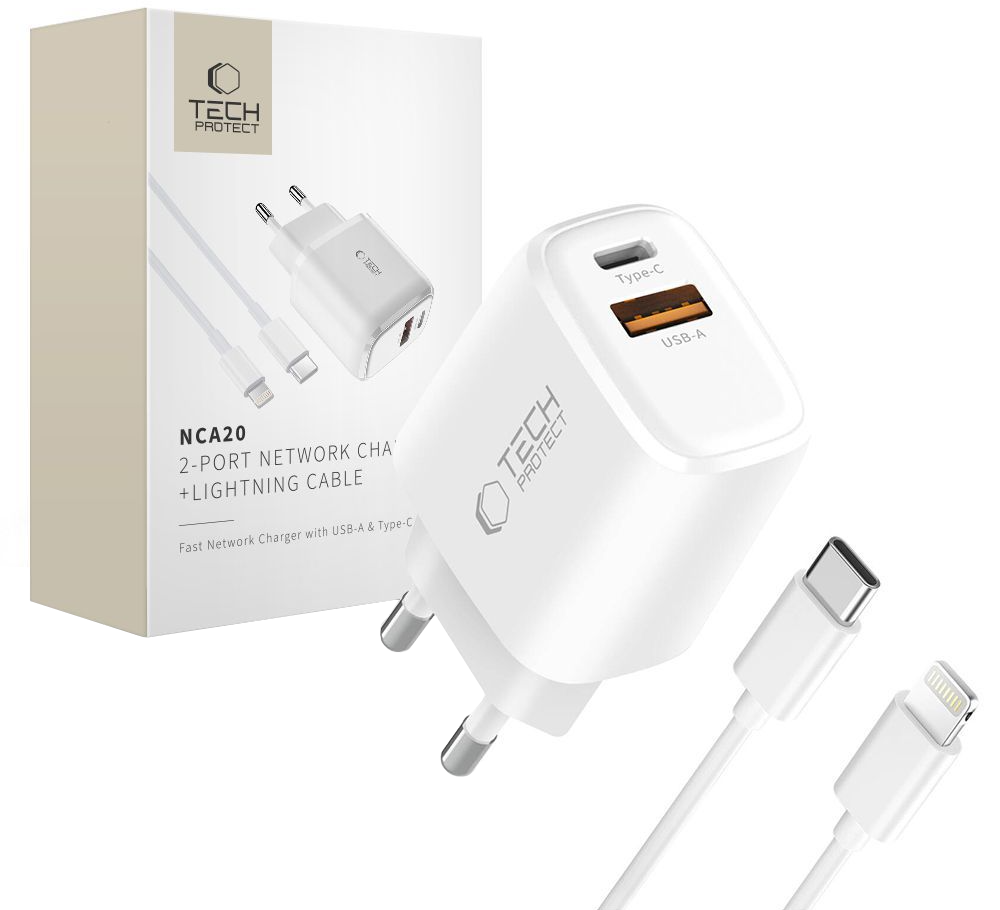 Tech-Protect NCA20 Lightning Cable Wall Charger, 20W, 3A, 1 x USB-A - 1 x USB-C, White