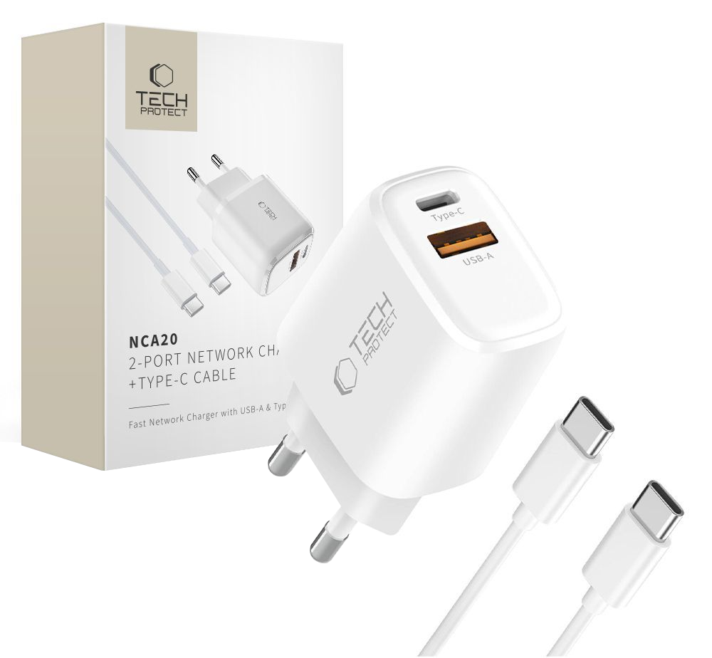 Tech-Protect NCA20 USB-C Cable Wall Charger, 20W, 3A, 1 x USB-A - 1 x USB-C, White