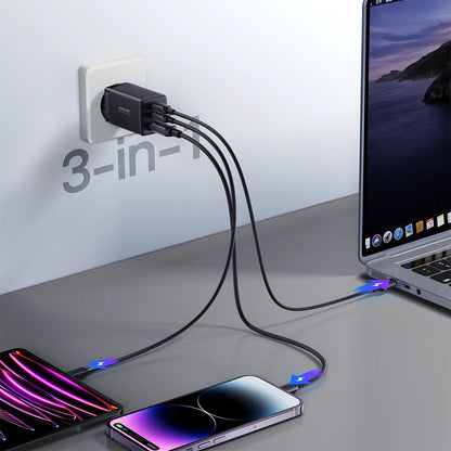 Φορτιστής Δικτύου με Καλώδιο USB-C Joyroom TCG01, 65W, 3.25A, 1 x USB-A - 2 x USB-C, Μαύρο
