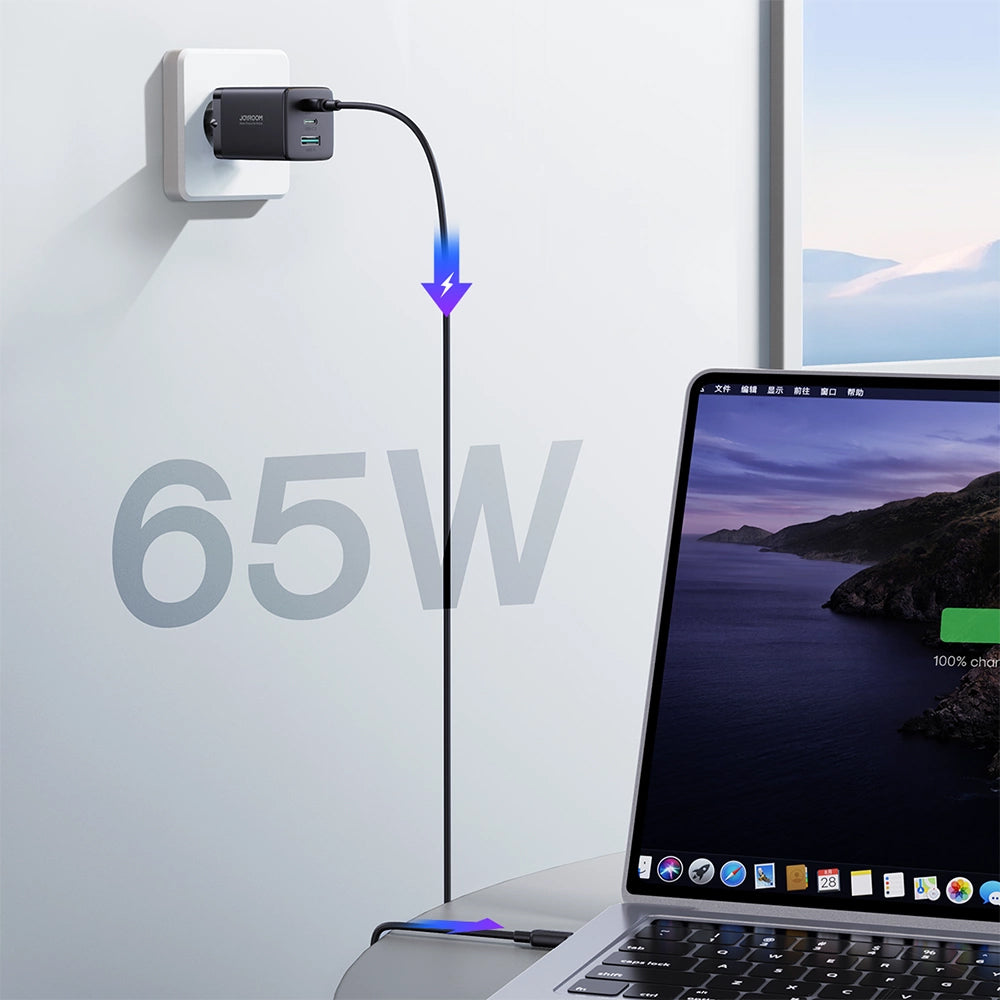 Φορτιστής Δικτύου με Καλώδιο USB-C Joyroom TCG01, 65W, 3.25A, 1 x USB-A - 2 x USB-C, Μαύρο