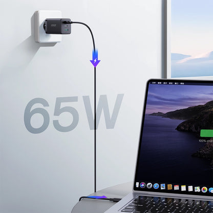 Φορτιστής Δικτύου με Καλώδιο USB-C Joyroom TCG01, 65W, 3.25A, 1 x USB-A - 2 x USB-C, Μαύρο