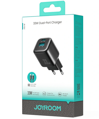 Joyroom JR-TG7 Network Charger with Lightning Cable, 33W, 3A, 1 x USB-A - 1 x USB-C, Black