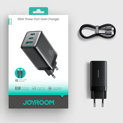 Joyroom JR-TG10 USB-C Cable Wall Charger, 65W, 3.25A, 1 x USB-A - 2 x USB-C, Black