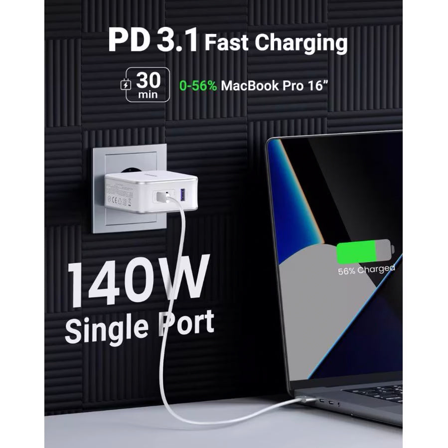 UGREEN CD289, 140W, 5A, 1 x USB-A - 2 x USB-C, Λευκό 