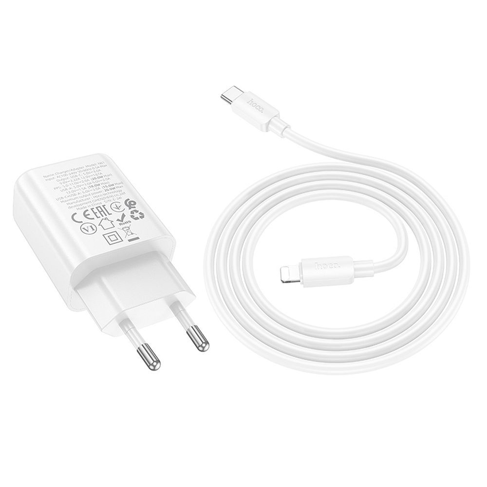 Φορτιστής Δικτύου με Καλώδιο Lightning HOCO N61, 20W, 3A, 1 x USB-A - 1 x USB-C, Λευκό