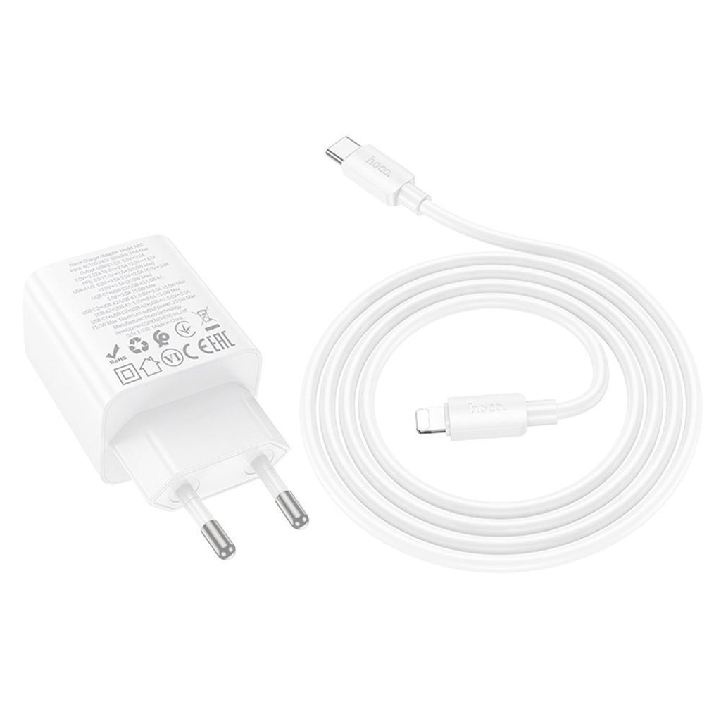 Φορτιστής Δικτύου με Καλώδιο Lightning HOCO N56, 30W, 3A, 2 x USB-A - 2 x USB-C, Λευκό