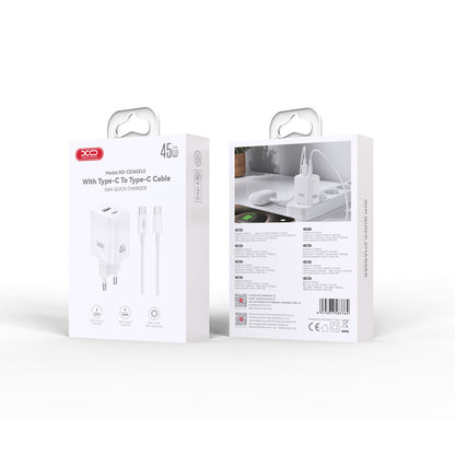 Φορτιστής Δικτύου με Καλώδιο USB-C XO Design CE36, 45W, 3A, 1 x USB-A - 1 x USB-C, Λευκό