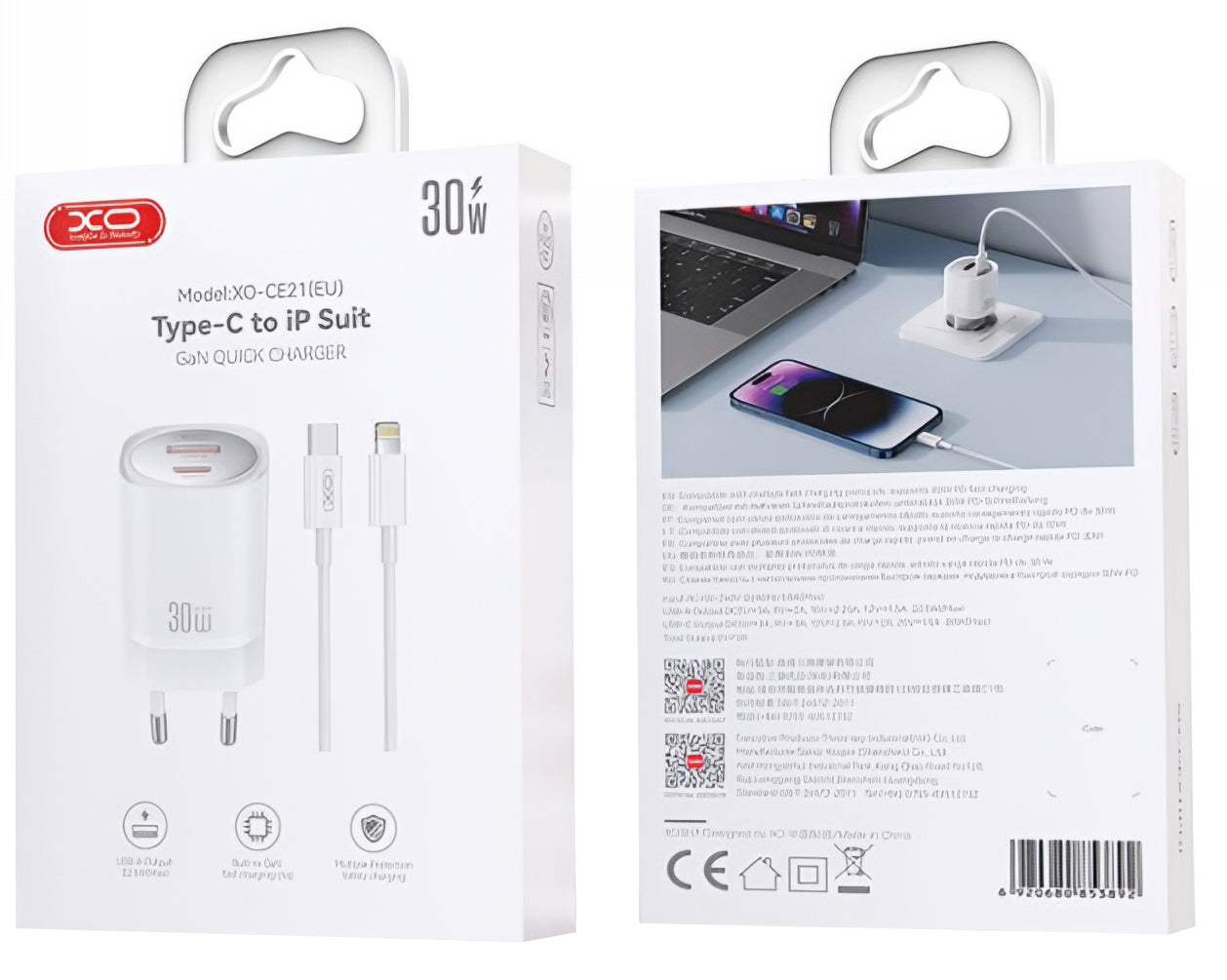 Φορτιστής Δικτύου με Καλώδιο Lightning XO Design CE21, 30W, 3A, 1 x USB-A - 1 x USB-C, Λευκό