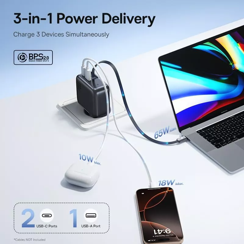Φορτιστής Δικτύου με Καλώδιο USB-C Baseus EnerCore CJ11, 100W, 1 x USB-A - 2 x USB-C, Μαύρο E0120M00