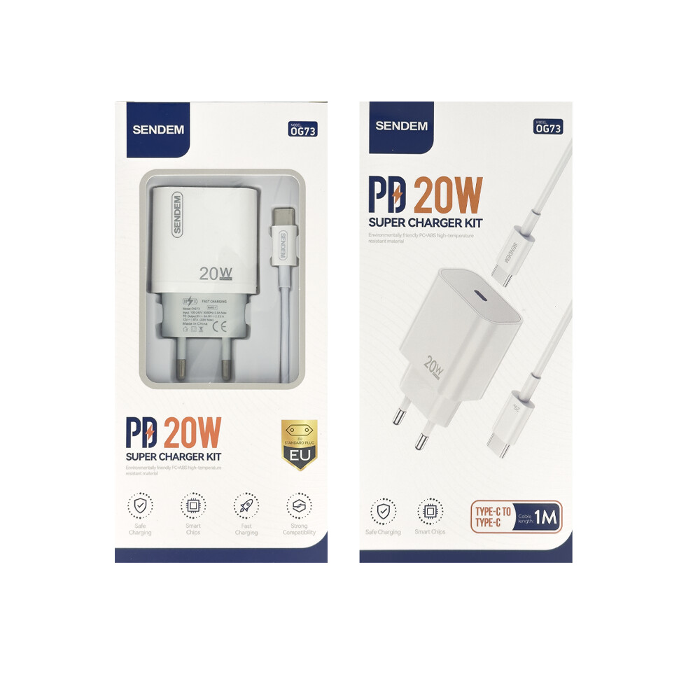 Sendem OG73 USB-C Cable Wall Charger, 20W, 3A, 1 x USB-C, White
