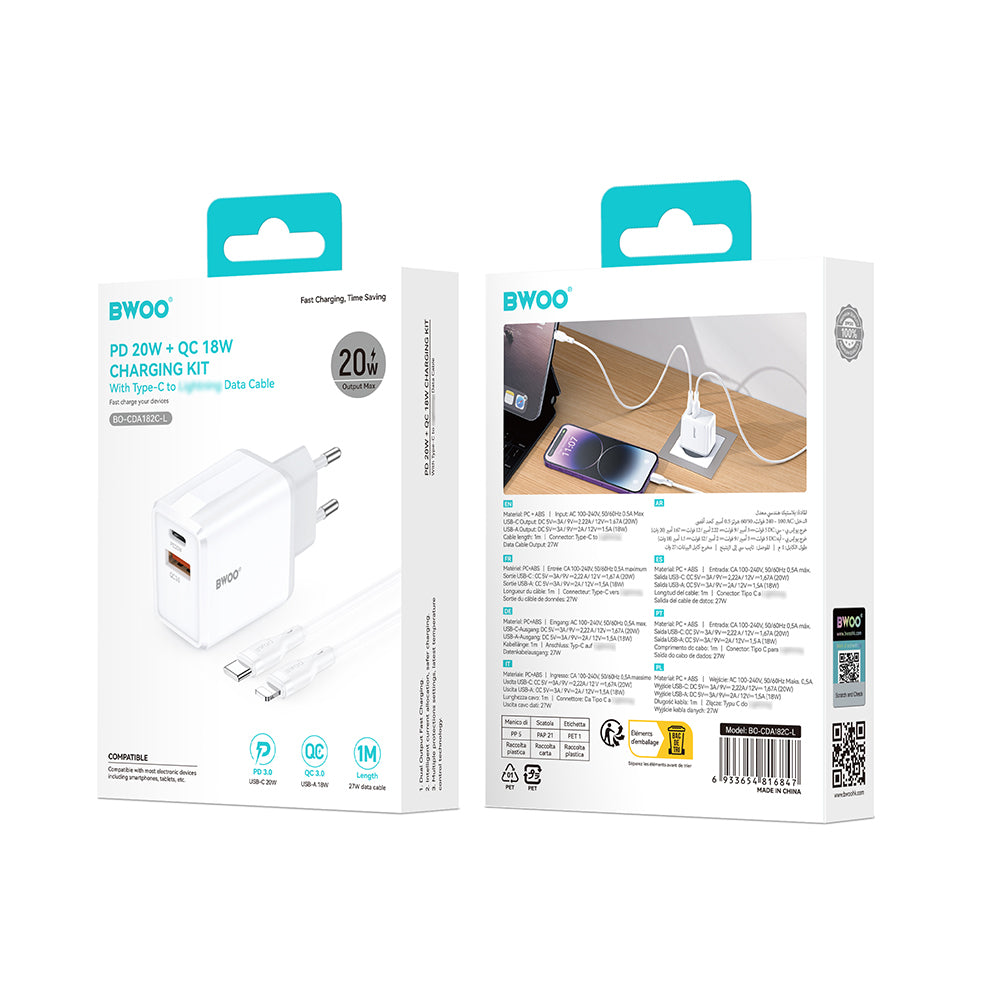 Φορτιστής Δικτύου με Καλώδιο Lightning BWOO CDA182, 38W, 3A, 1 x USB-A - 1 x USB-C, Λευκό