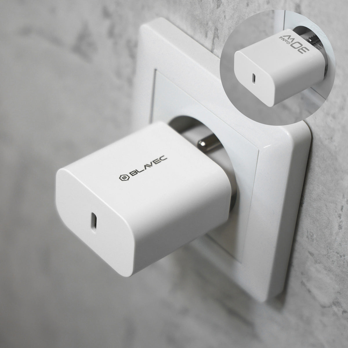 Blavec BC-14 USB-C Wall Charger with Cable, 30W, 3A, 1 x USB-C, White