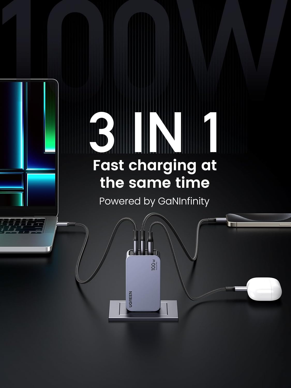UGREEN X757 Nexode Pro USB-C Cable Network Charger UGREEN X757 Nexode Pro, 100W, 3A, 1 x USB-A - 2 x USB-C, Grey 