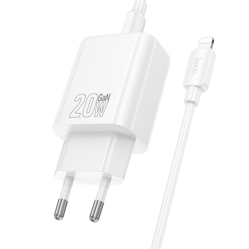 Φορτιστής Δικτύου με Καλώδιο Lightning HOCO N61, 20W, 3A, 1 x USB-A - 1 x USB-C, Λευκό