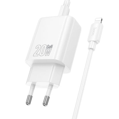 Φορτιστής Δικτύου με Καλώδιο Lightning HOCO N61, 20W, 3A, 1 x USB-A - 1 x USB-C, Λευκό