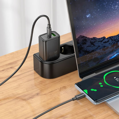 Φορτιστής Δικτύου με Καλώδιο Lightning HOCO N61, 20W, 3A, 1 x USB-A - 1 x USB-C, Μαύρο