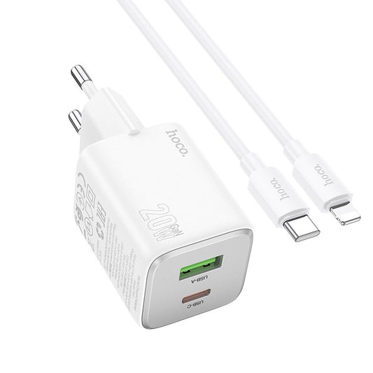 Network Charger with Lightning Cable HOCO N41, 20W, 3A, 1 x USB-A - 1 x USB-C, White