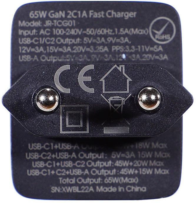 Φορτιστής Δικτύου με Καλώδιο USB-C Joyroom TCG01, 65W, 3.25A, 1 x USB-A - 2 x USB-C, Μαύρο