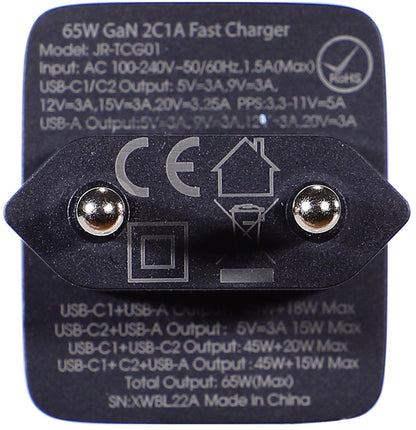 Φορτιστής Δικτύου με Καλώδιο USB-C Joyroom TCG01, 65W, 3.25A, 1 x USB-A - 2 x USB-C, Μαύρο