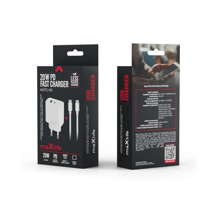 Φορτιστής Δικτύου με Καλώδιο USB-C MaXlife MXTC-06-20AC, 20W, 3A, 1 x USB-A - 1 x USB-C, Λευκό