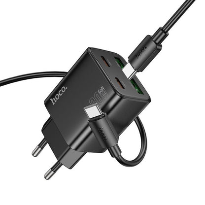 Φορτιστής Δικτύου με Καλώδιο USB-C HOCO N56, 30W, 3A, 2 x USB-A - 2 x USB-C, Μαύρο