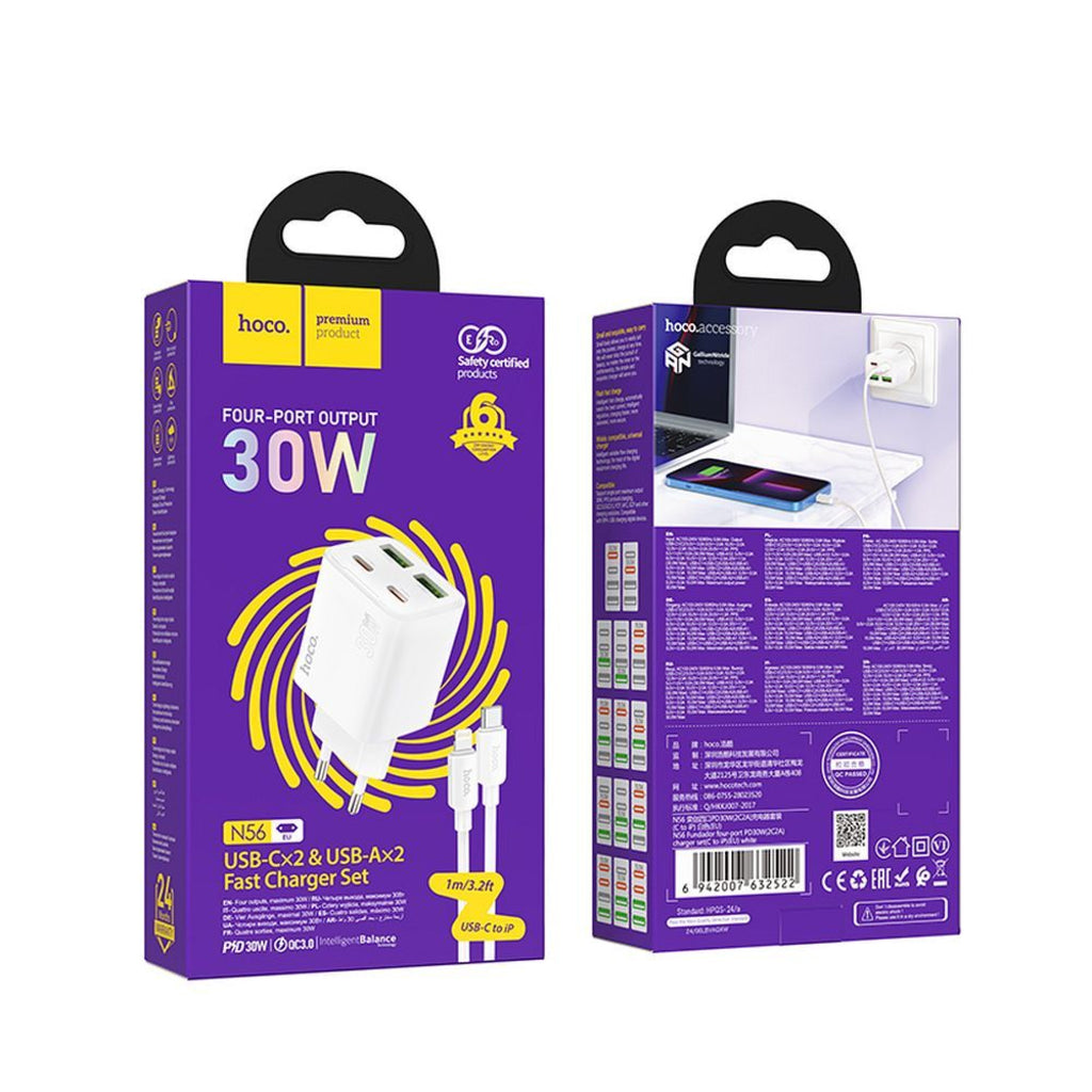Φορτιστής Δικτύου με Καλώδιο Lightning HOCO N56, 30W, 3A, 2 x USB-A - 2 x USB-C, Λευκό