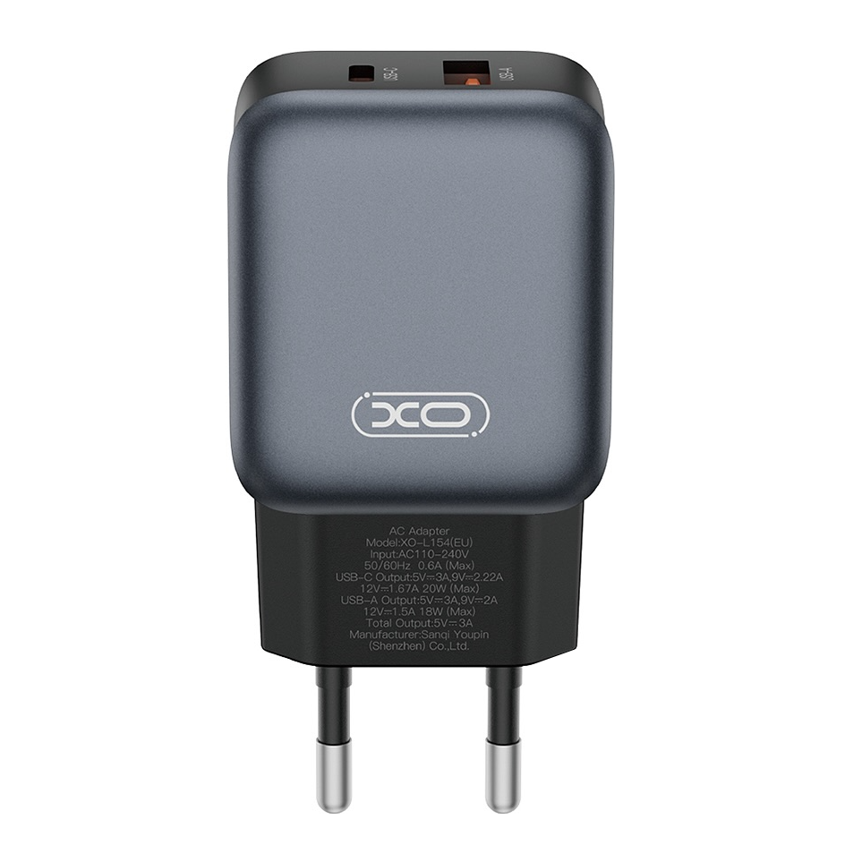 XO Design L154 Network Charger with Lightning Cable, 20W, 3A, 1 x USB-A - 1 x USB-C, Black
