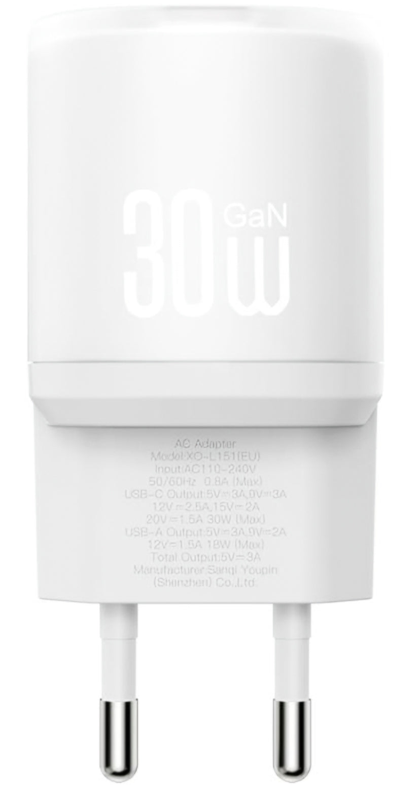 Φορτιστής Δικτύου με Καλώδιο USB-C XO Design L151, 30W, 3A, 1 x USB-A - 1 x USB-C, Λευκό