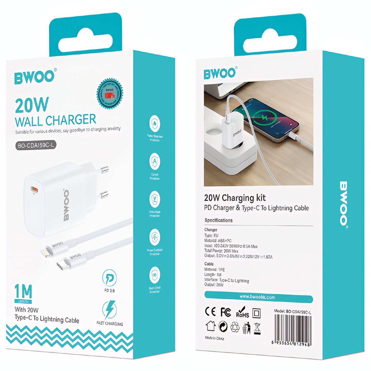Φορτιστής Δικτύου με Καλώδιο Lightning BWOO CDA159, 20W, 3A, 1 x USB-C, Λευκό