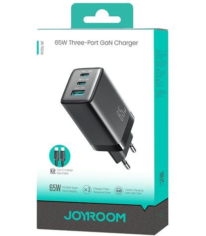 Joyroom JR-TG10 USB-C Cable Wall Charger, 65W, 3.25A, 1 x USB-A - 2 x USB-C, Black