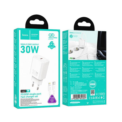 Φορτιστής Δικτύου με Καλώδιο Lightning HOCO N62, 30W, 3A, 1 x USB-C, Λευκό