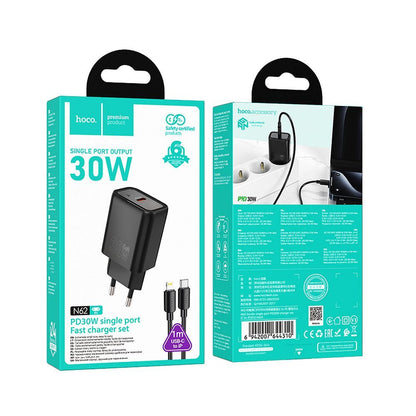 Φορτιστής Δικτύου με Καλώδιο Lightning HOCO N62, 30W, 3A, 1 x USB-C, Μαύρο