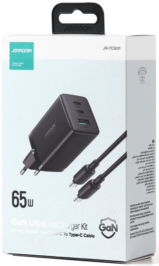 Φορτιστής Δικτύου με Καλώδιο USB-C Joyroom TCG01, 65W, 3.25A, 1 x USB-A - 2 x USB-C, Μαύρο