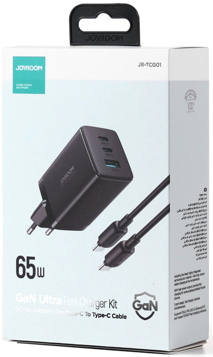 Φορτιστής Δικτύου με Καλώδιο USB-C Joyroom TCG01, 65W, 3.25A, 1 x USB-A - 2 x USB-C, Μαύρο