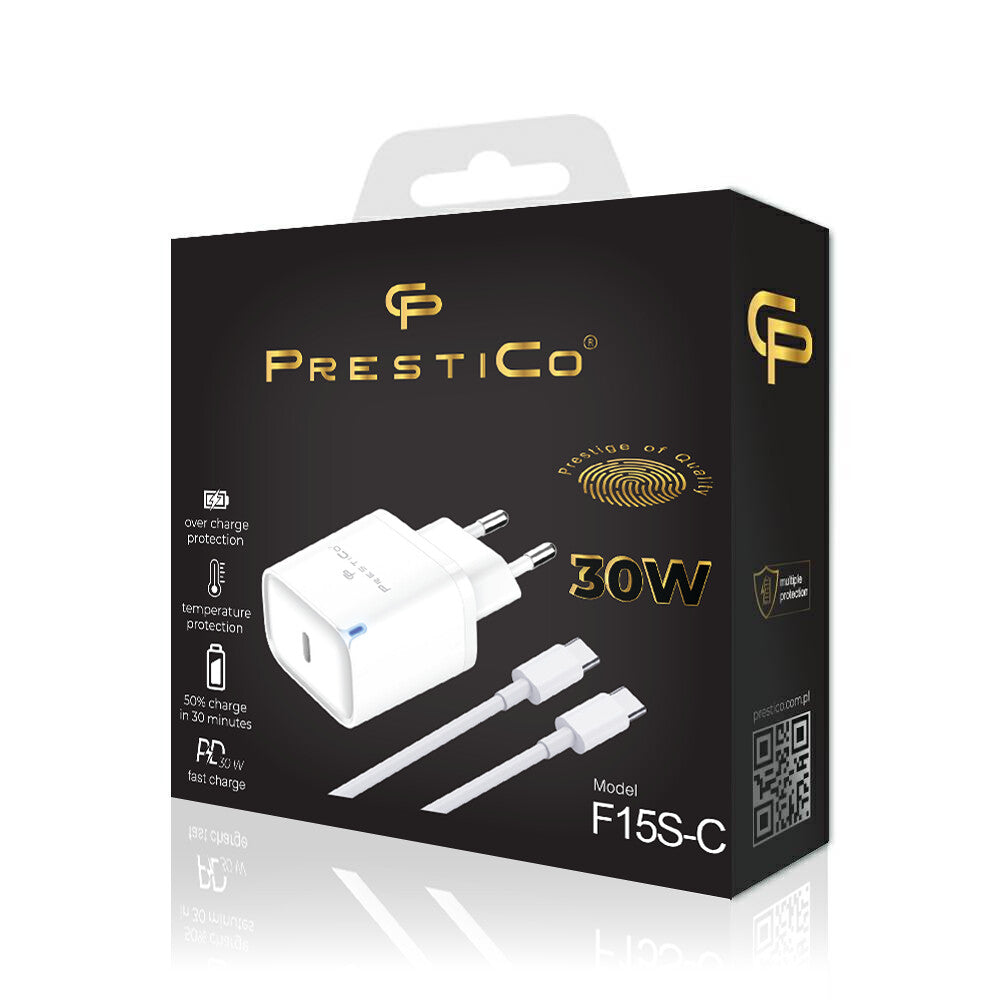 Φορτιστής Δικτύου με Καλώδιο USB-C Prestico F15S-C, 30W, 3A, 1 x USB-C, Λευκό