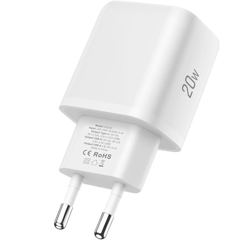 Tech-Protect NCA20 USB-C Cable Wall Charger, 20W, 3A, 1 x USB-A - 1 x USB-C, White