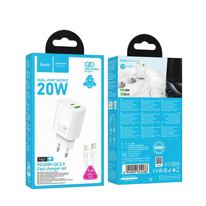 Φορτιστής Δικτύου με Καλώδιο Lightning HOCO N61, 20W, 3A, 1 x USB-A - 1 x USB-C, Λευκό