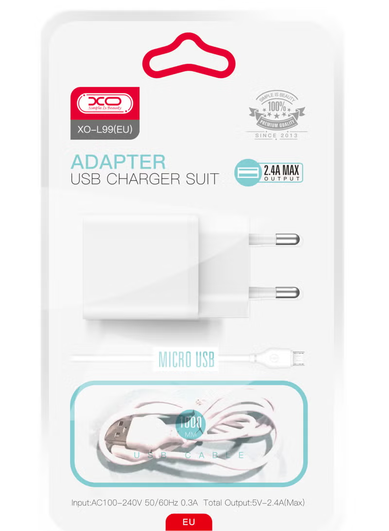 Φορτιστής Δικτύου με Καλώδιο microUSB XO Design L99, 12W, 2.4A, 1 x USB-A, Λευκό