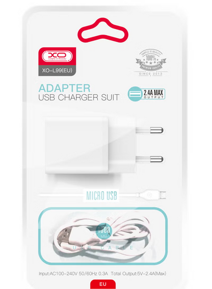 Φορτιστής Δικτύου με Καλώδιο microUSB XO Design L99, 12W, 2.4A, 1 x USB-A, Λευκό