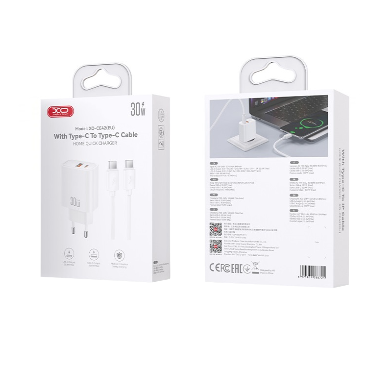 Φορτιστής Δικτύου με Καλώδιο USB-C XO Design CE42, 30W, 3A, 1 x USB-A - 1 x USB-C, Λευκό