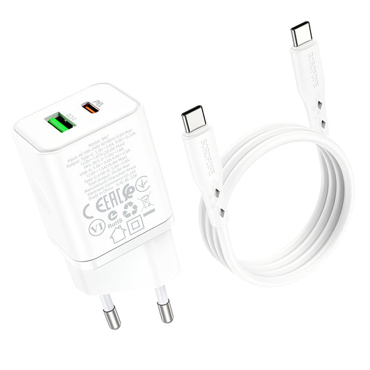 Φορτιστής δικτύου με καλώδιο USB-C Borofone BN7, 20W, 3A, 1 x USB-A - 1 x USB-C, Λευκό