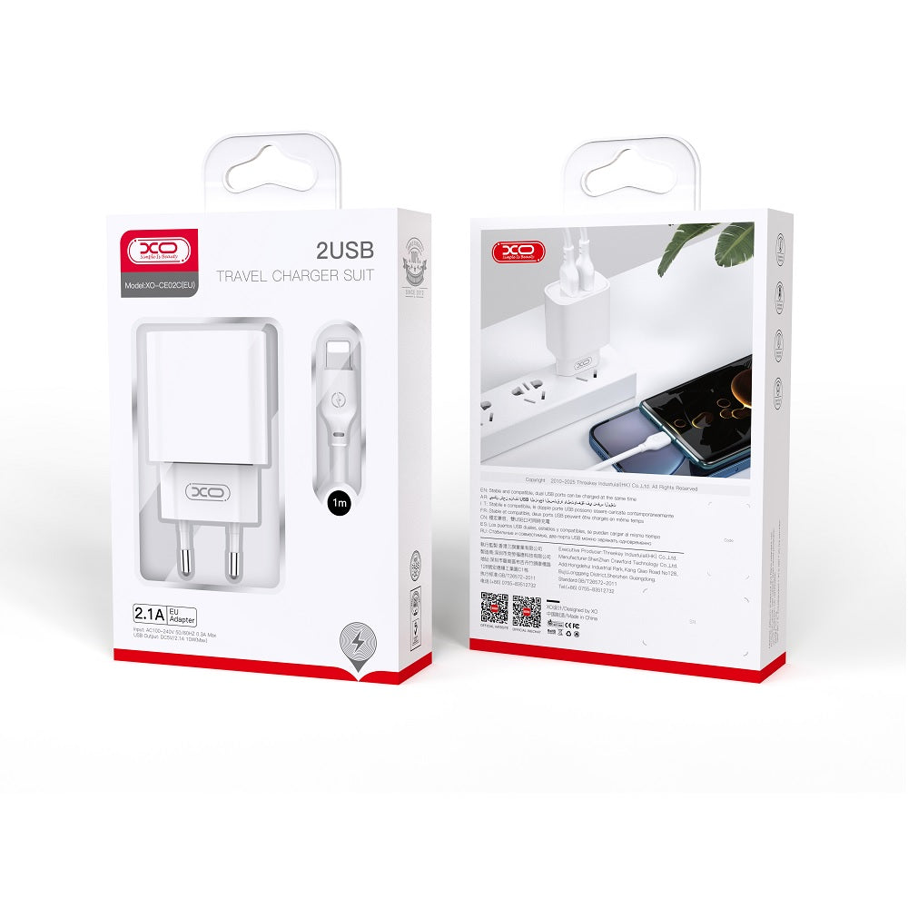 XO Design XO Design BPCE02C USB-C Wired Network Charger BPCE02C, 10.5W, 2.1A, 2 x USB-A, White 
