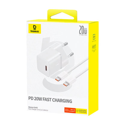Φορτιστής Δικτύου με Καλώδιο USB-C Baseus GaN5, 20W, 3A, 1 x USB-C, Λευκό P10110900213-01