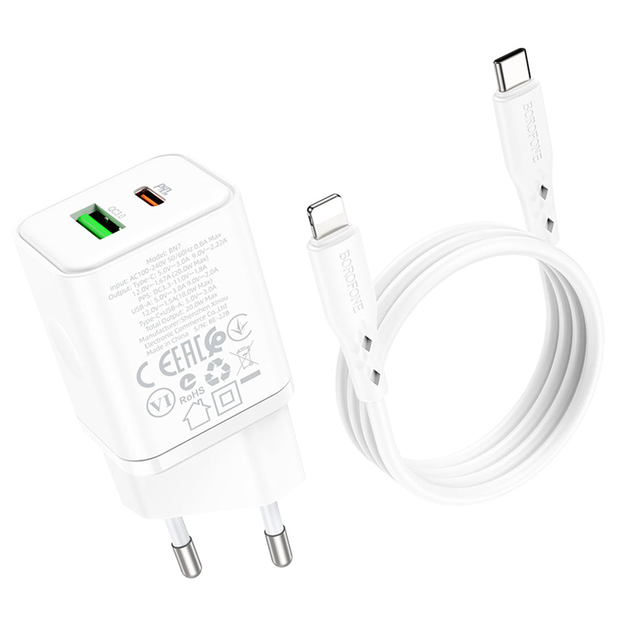Φορτιστής Δικτύου με Καλώδιο Lightning Borofone BN7, 20W, 3A, 1 x USB-A - 1 x USB-C, Λευκό