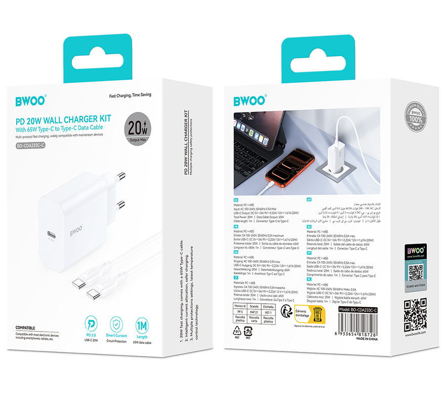 Φορτιστής Δικτύου με Καλώδιο USB-C BWOO CDA233, 20W, 3A, 1 x USB-C, Λευκό