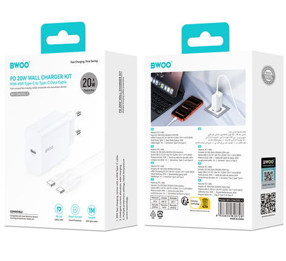 Φορτιστής Δικτύου με Καλώδιο USB-C BWOO CDA233, 20W, 3A, 1 x USB-C, Λευκό